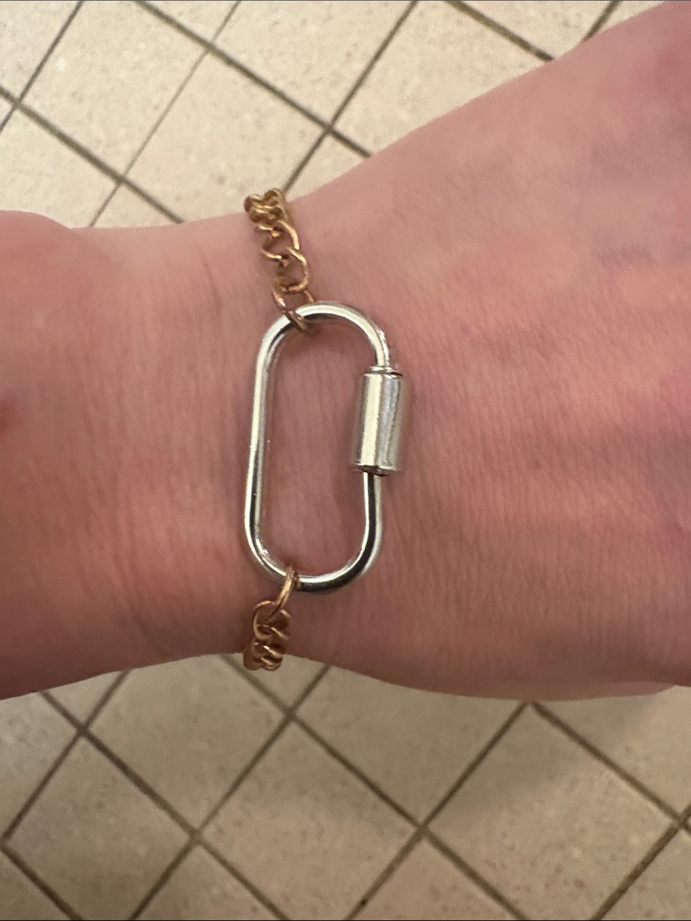 Hand-Crafted Gold Chain Bracelet with Silver Carabiner Accent
